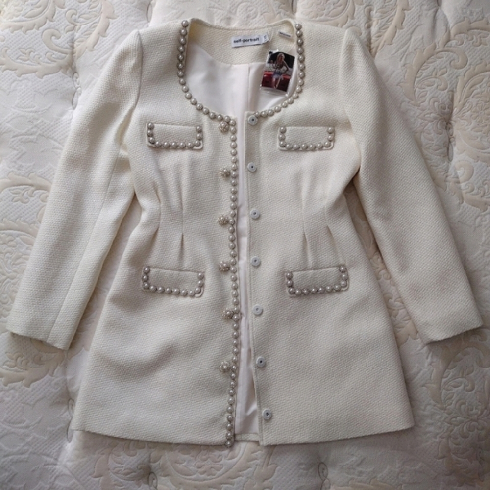 NWT Self-Portrait Boucle Tailored Mini Dress in Cream Women's size 8 - Picture 3 of 11